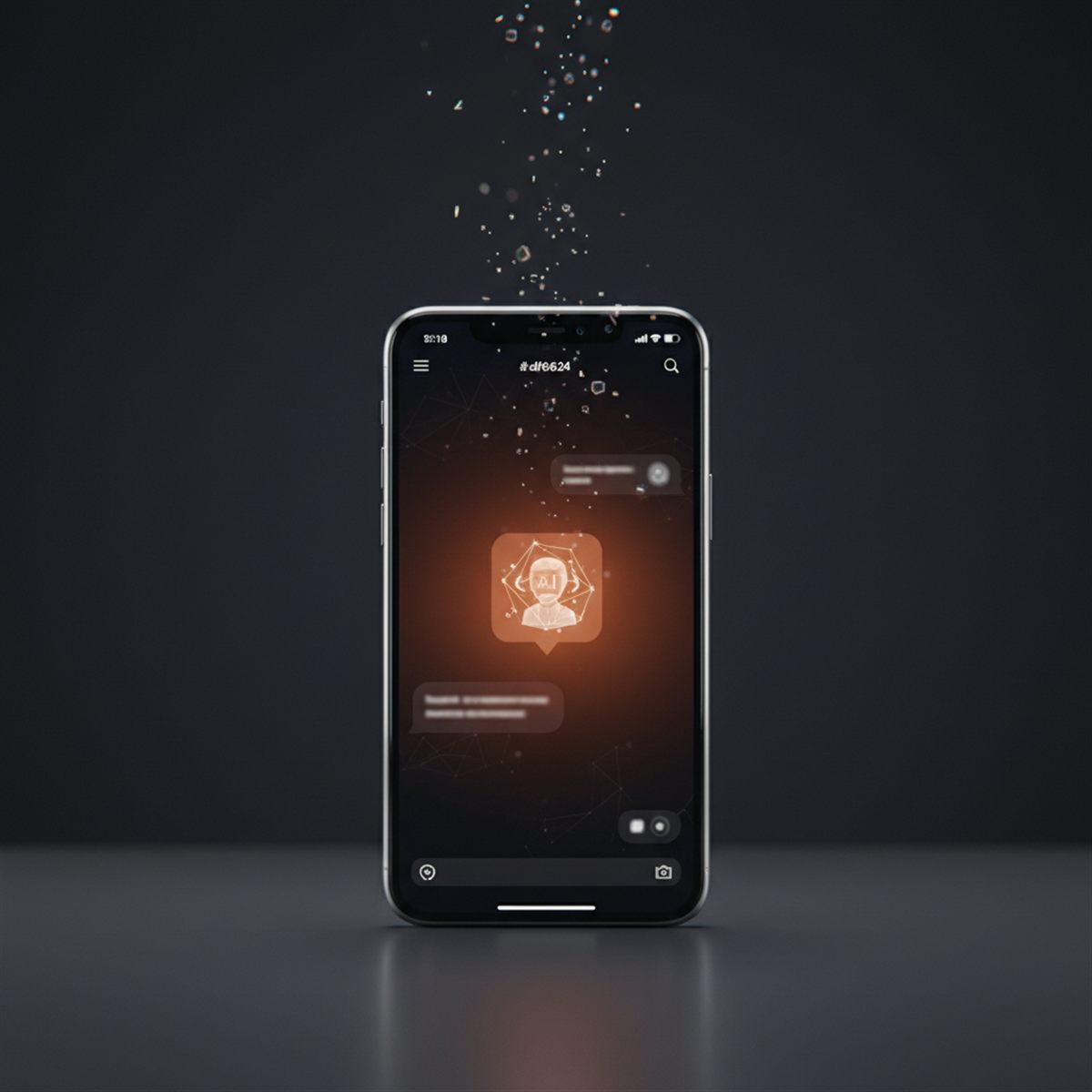 AI-chatbot: smartphone met chatinterface en oranje AI-assistent