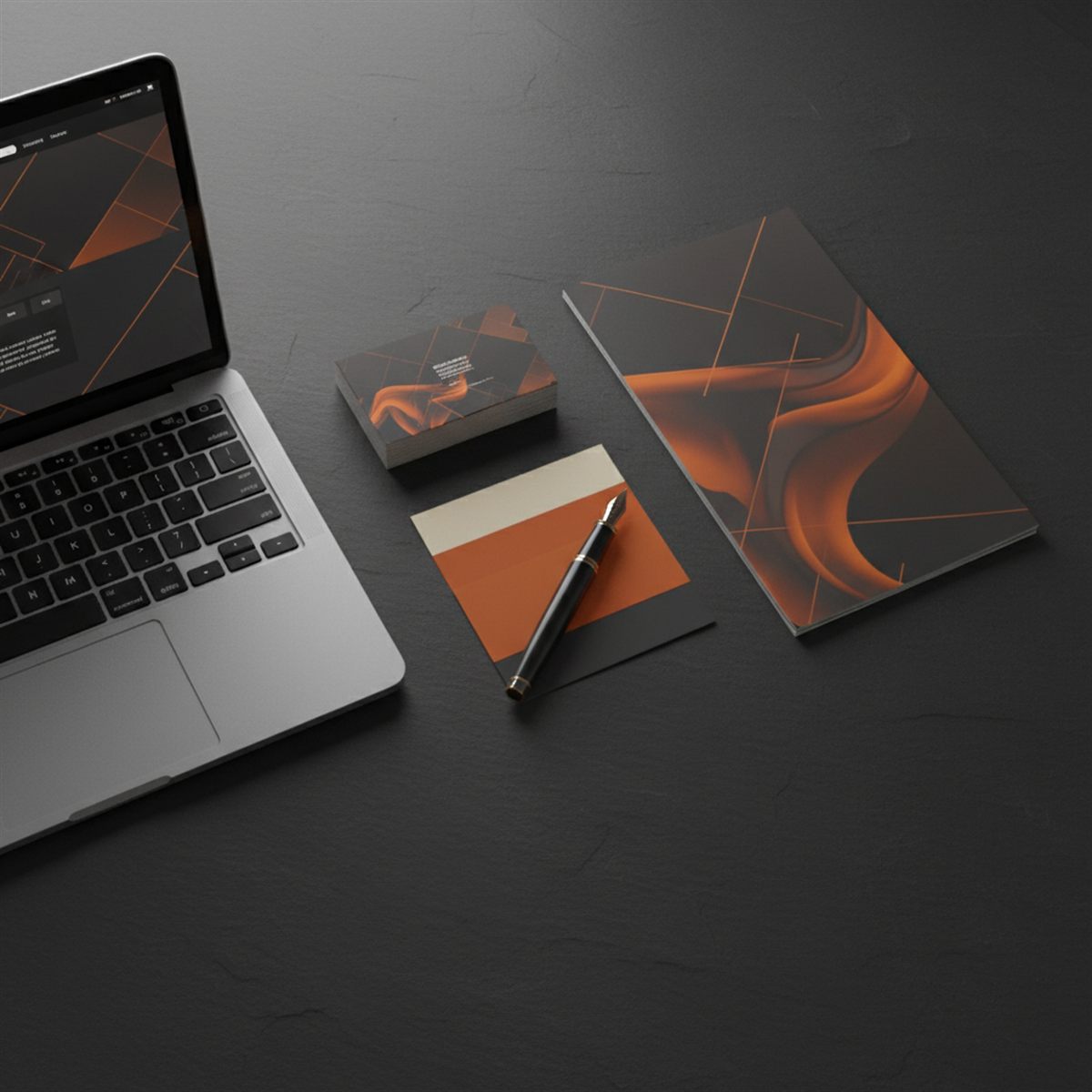 Creatieve studio: laptop met website naast drukwerk en kleurstalen