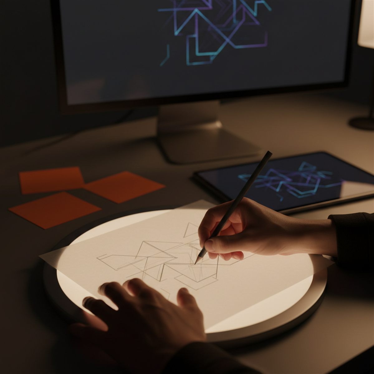 Van idee naar design: schetsend ontwerper aan het werk met oranje kleurstalen