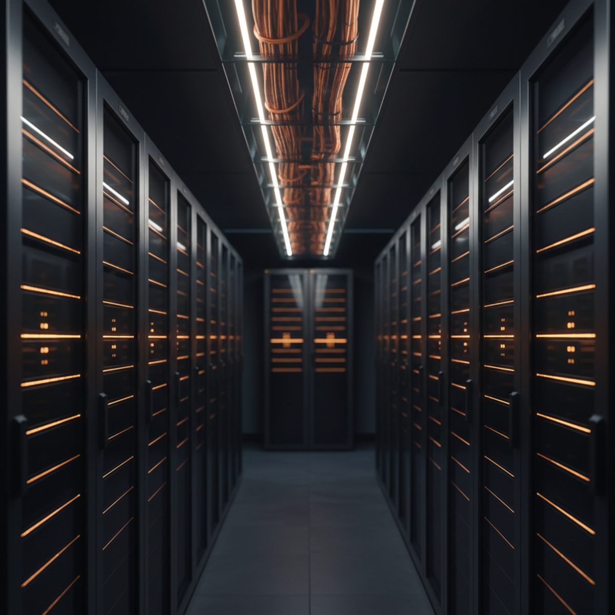 Webhosting: moderne serverruimte met oranje status-LEDs